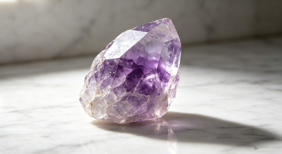 Raw amethyst crystal on a marble surface in soft light