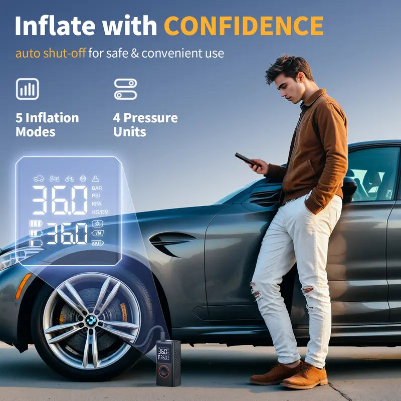 Cordless Tire Inflator Portable Air Compressor with Large Capacity Battery Wireless Digital Display Enhanced Safety Features for Cars & Inflatables