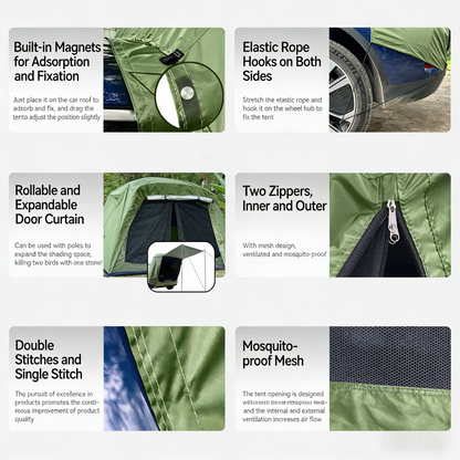 Outdoor car tailgate tent(SUV), camping canopy, roof extension tent, sunshade, and rain protection.