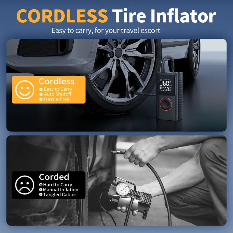 Cordless Tire Inflator Portable Air Compressor with Large Capacity Battery Wireless Digital Display Enhanced Safety Features for Cars & Inflatables